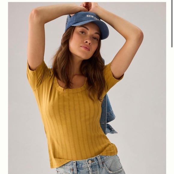 Anthropologie Pilcro Pointelle Scoop Neck Tee mustard color - Picture 2 of 13